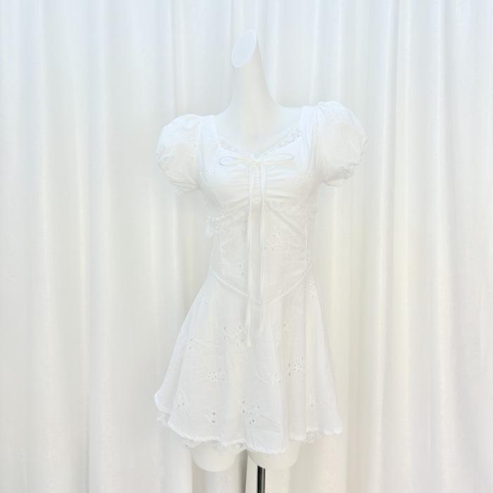 

Umoumo black mushroom ntot summer sweet gentle slim lace stitching hollow embroidery short little white skirt XL