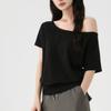 Women's Black T-shirt Ladies' Sloping Shoulders Slimming Short Sleeves Blouse Summer New Female Versatile Korean Version Top