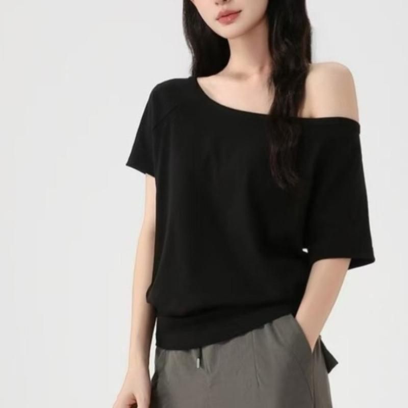 Women's Black T-shirt Ladies' Sloping Shoulders Slimming Short Sleeves Blouse Summer New Female Versatile Korean Version Top