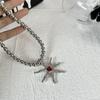 New Punk Sliver Color Liquid Metal Marine Life Irregular Starfish Red Heart-shaped Rhinestone Pendant Necklace for Women Jewelry