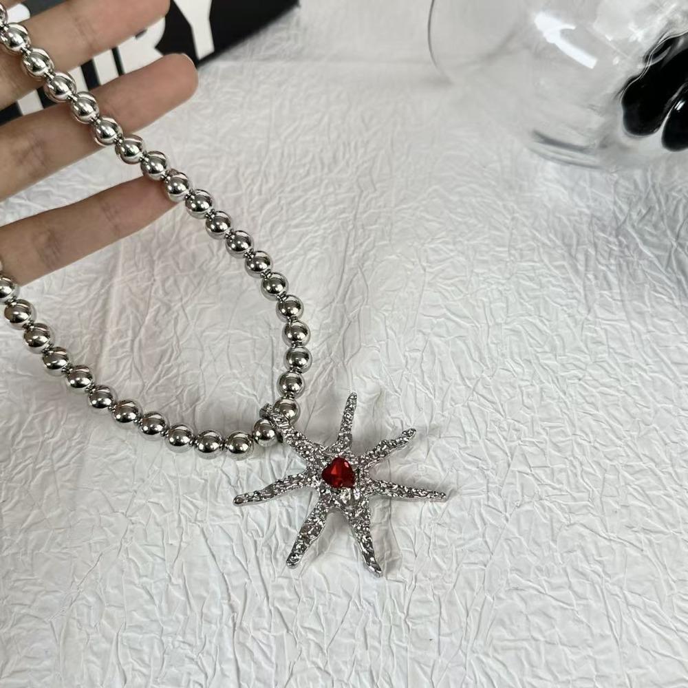 New Punk Sliver Color Liquid Metal Marine Life Irregular Starfish Red Heart-shaped Rhinestone Pendant Necklace for Women Jewelry