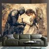 1Pc Vintage Knight & Angel Tapestry Retro Prayer Scene Wall Hanging Art Decor Aesthetic Ornament for Living Room Bedroom Office