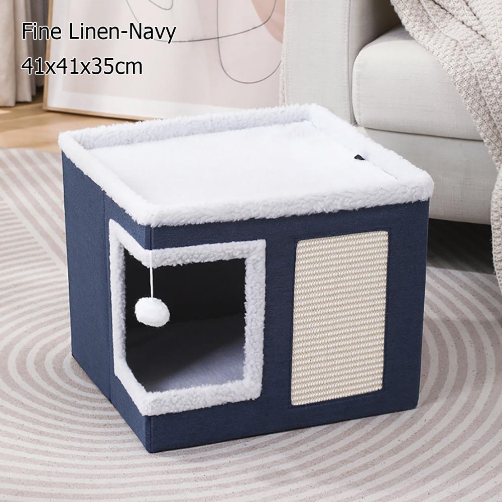 Large Space Foldable Cat House Non-slip Bottom Scratching Post Cat Bed Toy Tunnel Removable Cushion Hanging Ball