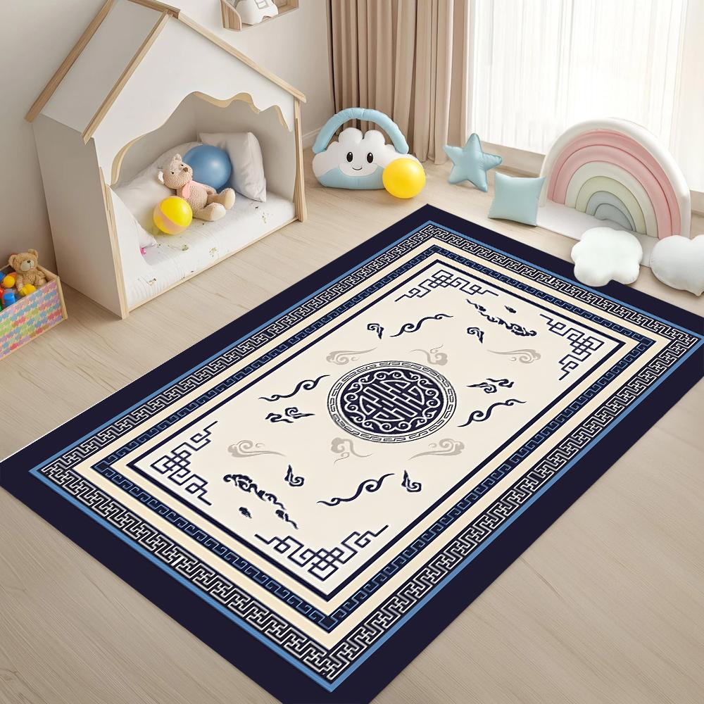 Chinese Traditional Pattern Rug Double Happiness Cloud Motif Ethnic Retro Anti-Slip Carpet for Living Room Bedroom