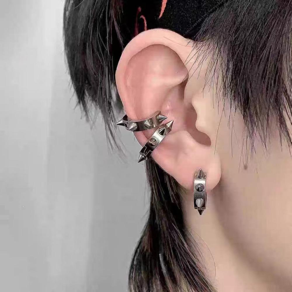 Punk Personality Sliver Color Rivet Spike Hoop Earrings for Women Men Hip-hop Street Ear Bone Clip Stainless Steel Jewelry Gifts