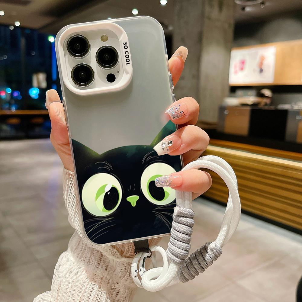 Cute Cartoon Black Cat Electroplate Lanyard Strap Phone Case For iPhone 15 14 13 12 11 16 Pro Max X XS 7 8 Plus Hand Strap Cover