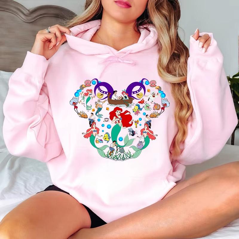 Disney Parent-child Outfits for Girls, Little Mermaid Printed Women's Multi-color Hoodie, Casual Sportswear, Loose Top