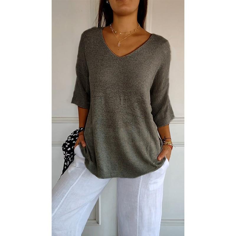 Women's V Neck Half Sleeve Knit Sweater Loose Fit Casual Solid Color Pullover Top