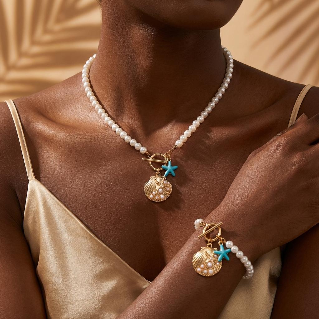 2pce/set Elegant Imitation Pearl Chain Necklace for Women Boho Blue Starfish Shell Pendant Necklace Bracelet Summer Party Gift