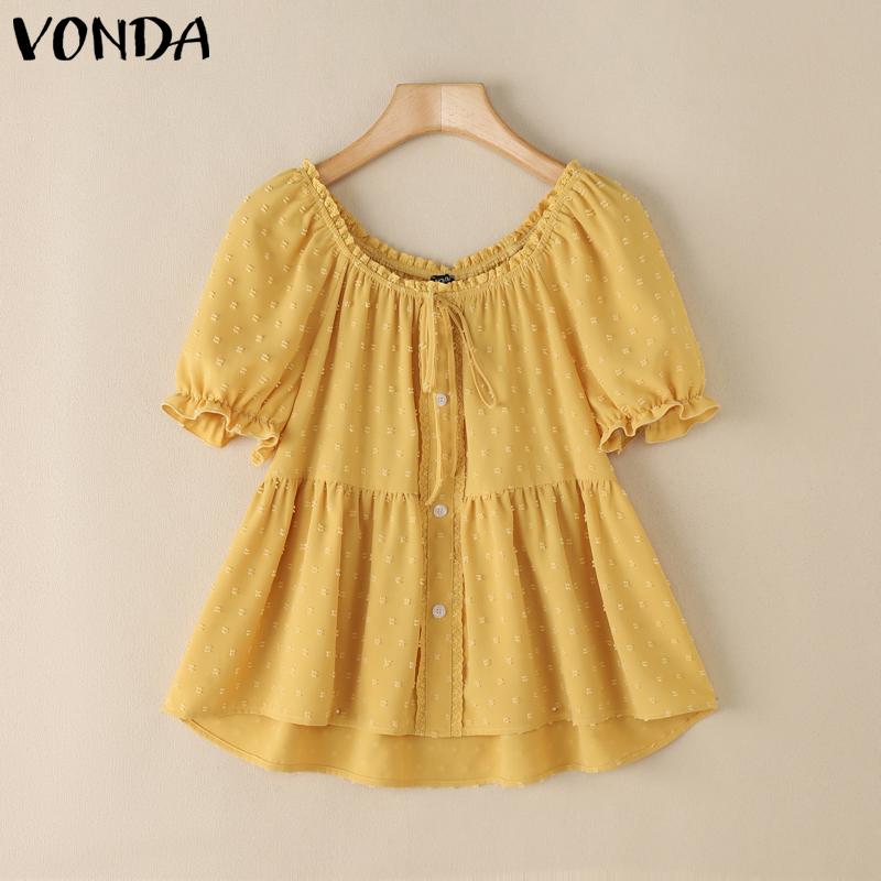 

VONDA Women Summer Puff Sleeve Irregular Texture Ruffled Casual Blouse 5XL білий