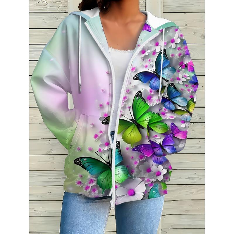 

Women s Butterfly and Floral Print Hooded Jacket, Fully Zippered Closure - Vibrant and Colorful Butterfly and Floral Design XL