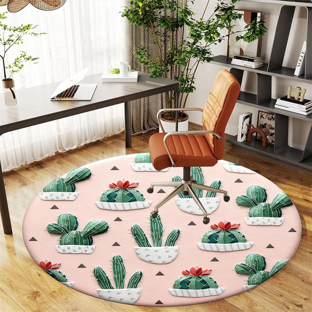1pc Cactus Pattern Round Chair mat office Area Rug - Non-Slip, Floor Mat for Office, Bedroom, Ideal home decor gift p0105065