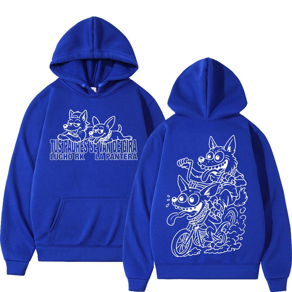 Comic-dog Men Hoodie Chest Funny Cartoon Puppy Print, Dog Riding Bike Line Art Back Graphic, Cozy Fleece Pullover Sweatshirt for Weekend Casual Wear