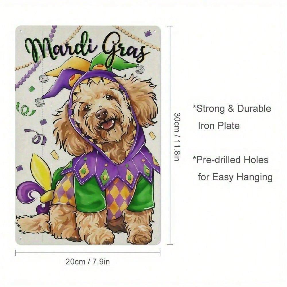 Colorful Mardi Gras Metal Sign - Masquerade Dog Wall Art, Durable 2D Decor for Home, Bar, Office & Outdoor Parties