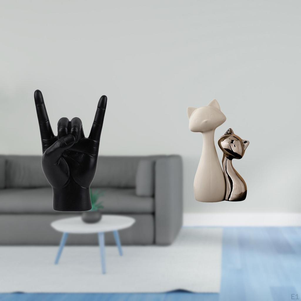 Rock Hand Gesture Cat Statue Creative Sign Ceramic Figurine Sculpture for Apartment Bedroom