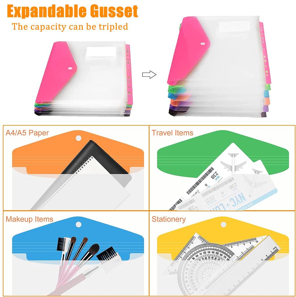 Plastic Envelope with Adhesive Snaps & 11 Holes File Folder Expansion Bag for 2/3/4 Ring File Bag 14Random Colors For School