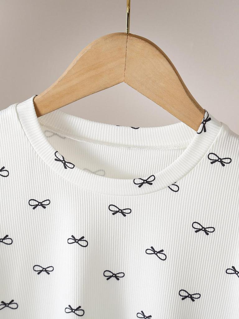 Fashionable and Trendy All-over Print Bow-print Comfortable Casual Round Neck Short-sleeved T-shirt for Girls