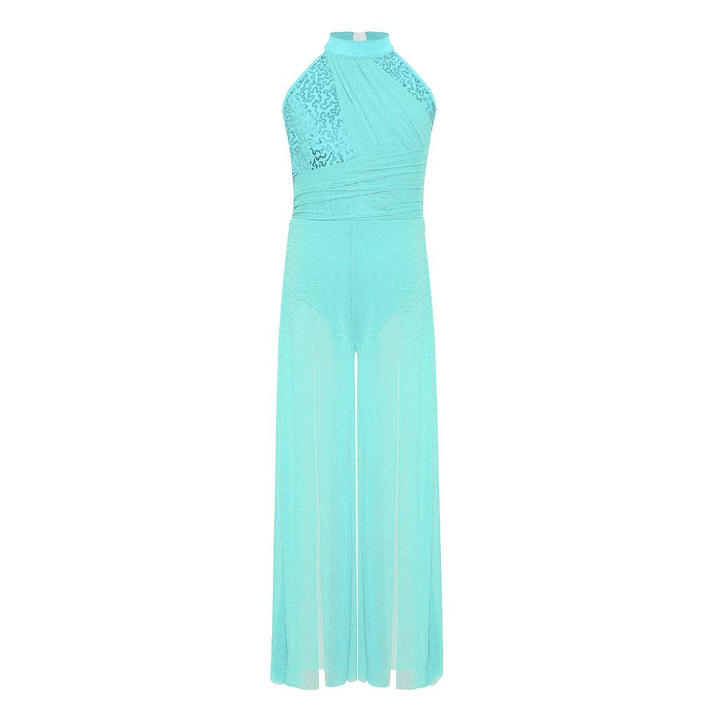 Mono de tirantes cruzados en la espalda, cuello alto, sin mangas, con lentejuelas brillantes, de malla, con abertura en la pierna ancha, para danza lírica