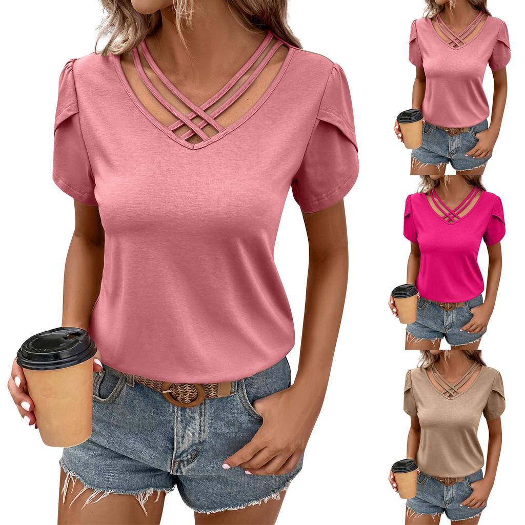 Ladies Casual Fashion Sexy V-neck Short-sleeved T-shirt