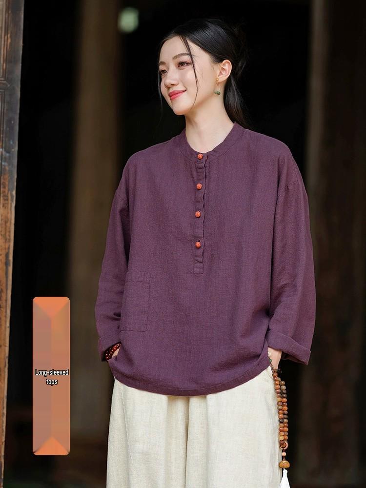 Women's Cotton Linen Zen Meditation Suit with Frog Button Shirt