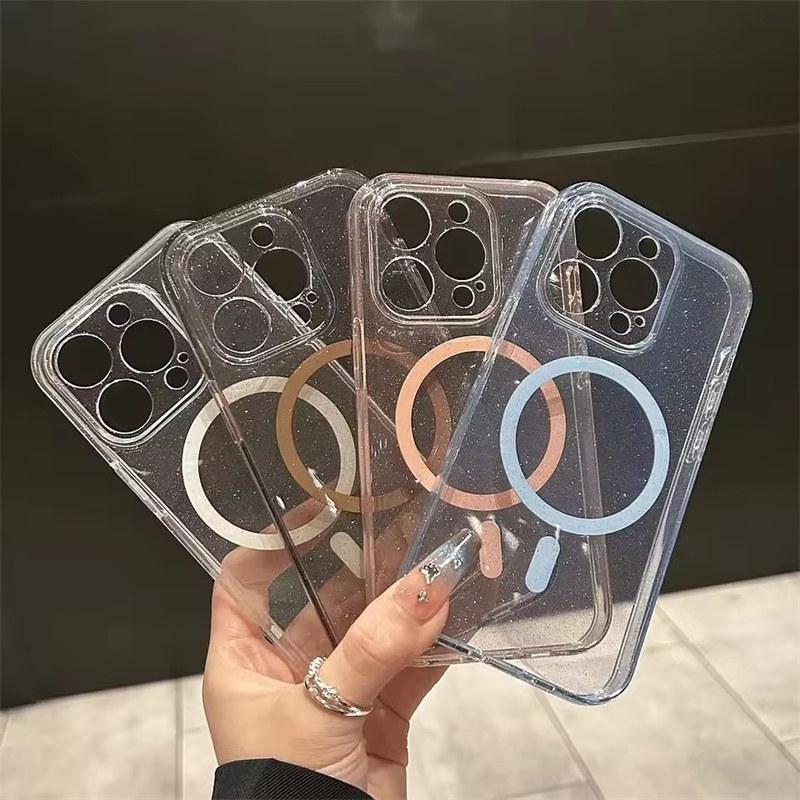 Luxury Glitter Magsafe Transparent Phone Case For iPhone 16 13 14 15 Pro Max Plus Magnetic Clear Bumper Silicone Soft Cover