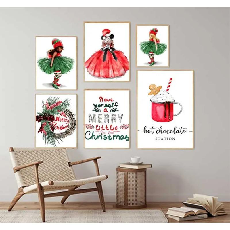 Merry Christmas Cartoon Boho Girls Santa Wall Art Canvas Painting Nordic Posters And Prints Wall Pictures Baby Room Home Decor