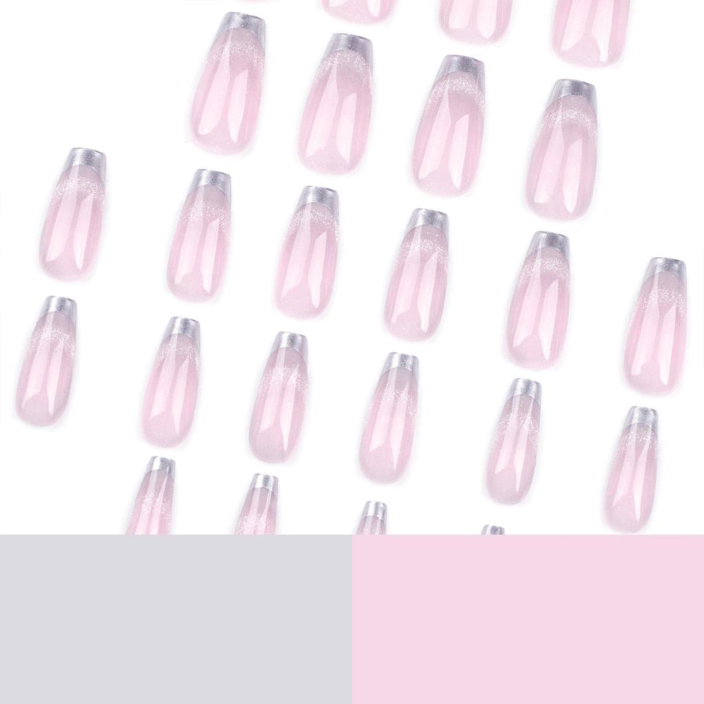 Elegant Silver Cat Eye False Nails - Nude Pink Mirror Finish Nail Stickers