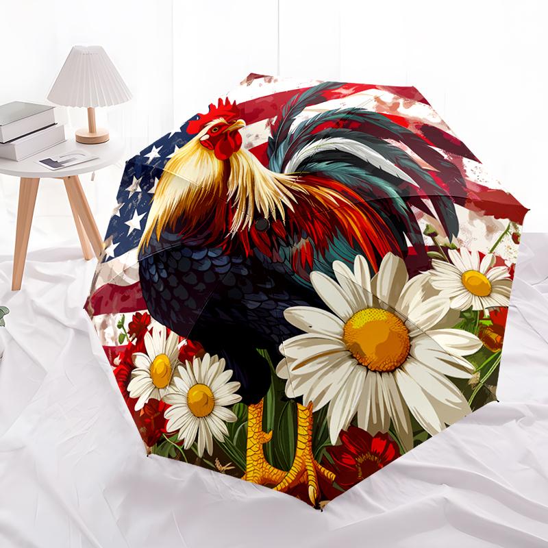 Rooster Theme Design Folding Umbrella-Fashionable Auto-Open Design 8 Iron Ribs Plastic Handle Foldable Sunshade,Perfect Gifts