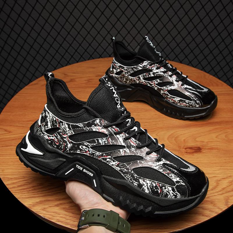 Spring new Hong Kong style ins dad shoes men's teenagers thick-soled heightening graffiti sports men's shoes