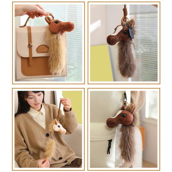 Horse Head Plush Keychain Realistic Equine Toy with Movable Tail Cute Pony Head Bag Charm for Animal Lovers