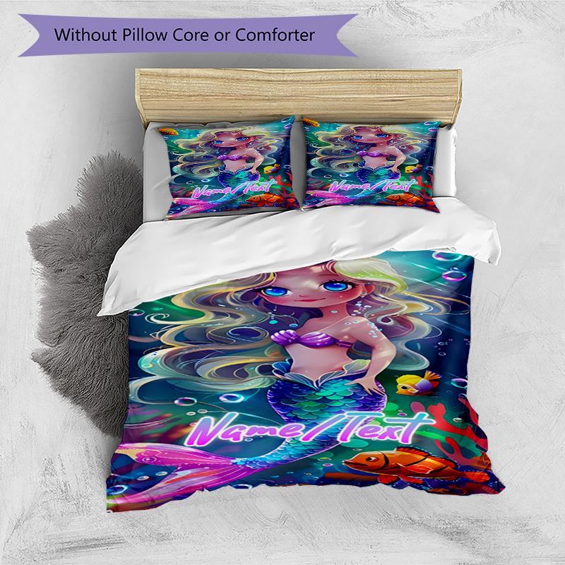 3PC Custom Name Mermaid Fantasy Underwater World Bedding Set Duvet Cover Closure Includes 1 Duvet Cover & 2 Pillowcases for Bedroom