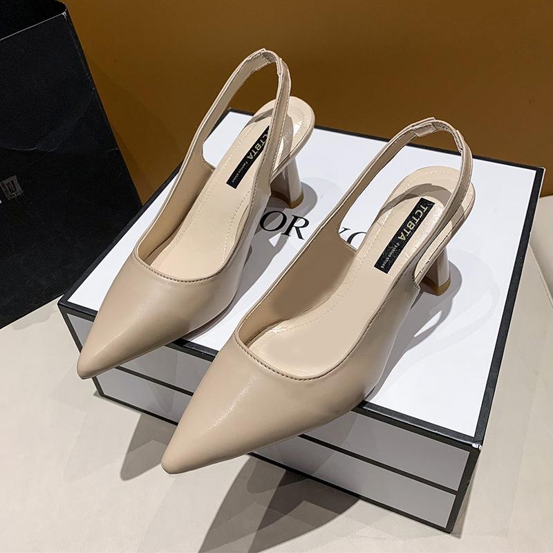 Baotou sandals women's 2025 summer new French versatile pointed thick heel high heels simple temperament celebrity women's shoes