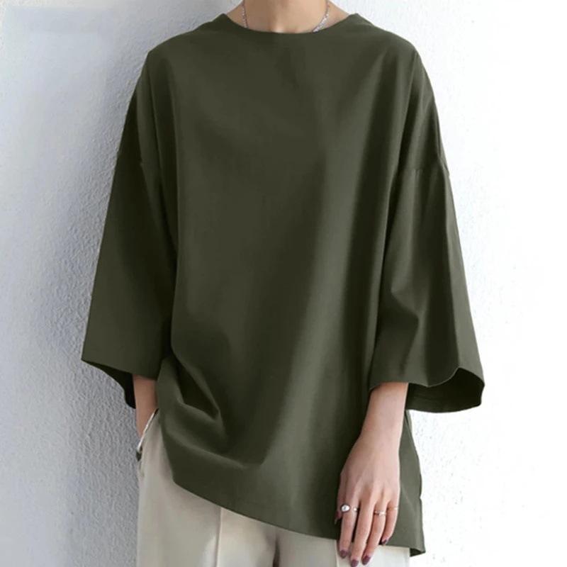 Women's Solid Color Round Neck Loose T-Shirt Simple Split Long Sleeve Plus Size Top
