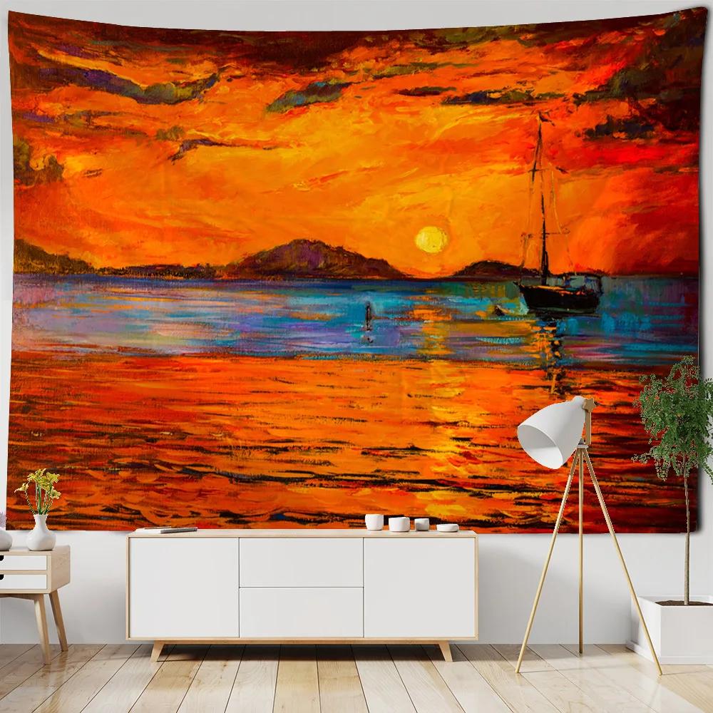 Sunrise Brilliant Lake View Oil Painting Tapestry Gradient Sea Boat Motif for Living Room Featured Wall Fabric Mural Decoration