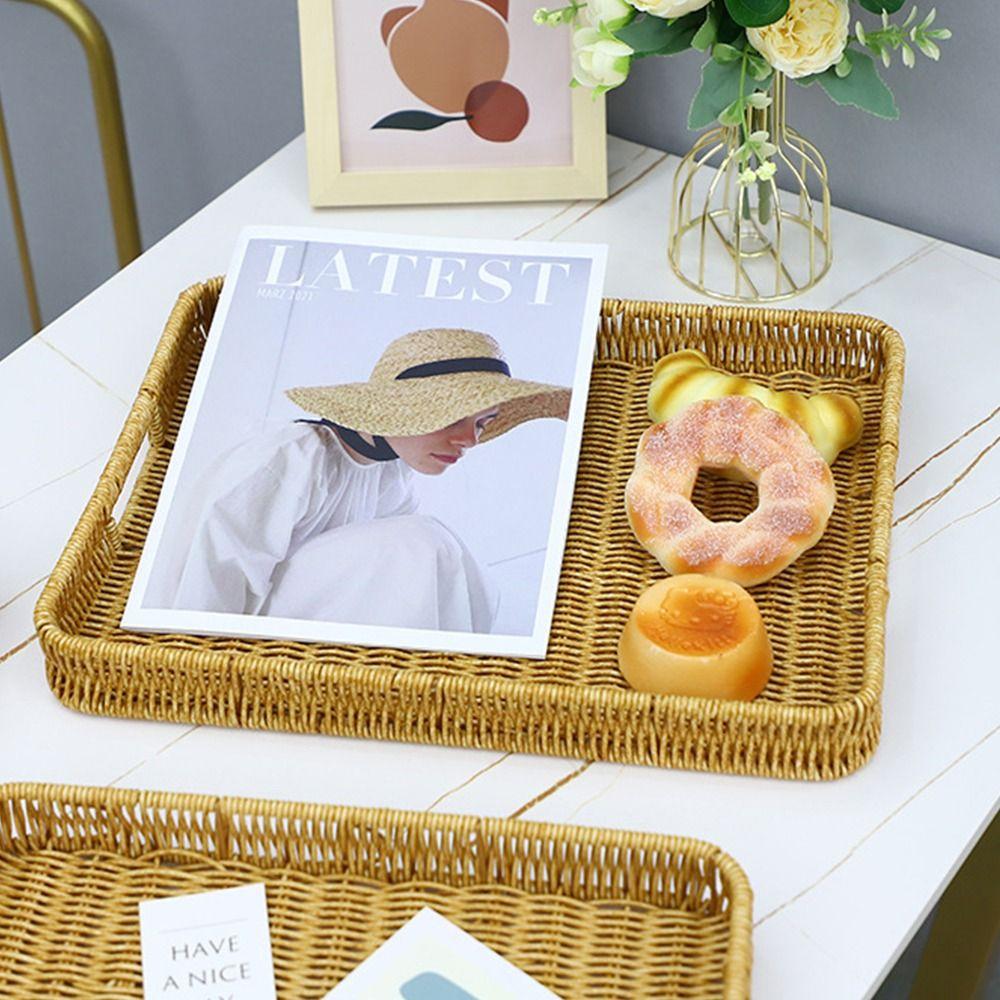 1Pcs Round Rectangular Shape Storage Tray Breakfast Bread Food Plastic Rattan Threads Basket