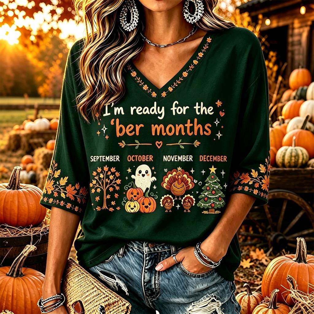 Women's Casual Thanksgiving Print V-Neck Pullover Top for Fall Holiday Everyday Wear
