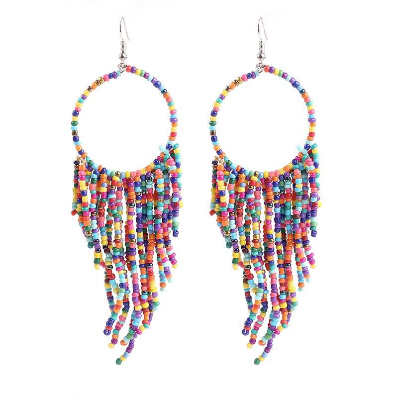 Bohemian Retro Ethnic Tassel Earrings with Long Rice Beads for Women