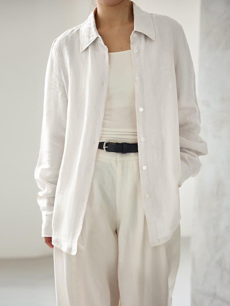 Autumn Women's Pure Linen Relaxed Shirt Jacket - Loose, Long Sleeve, Simple Cardigan