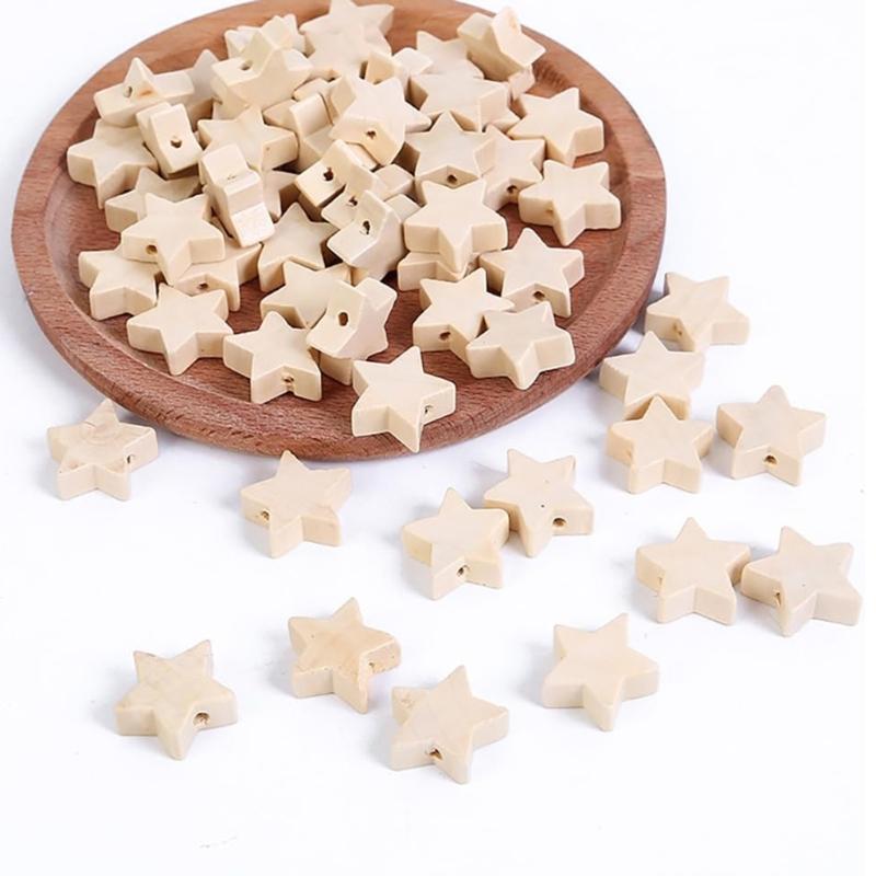 90Pcs Wood Craft Beads with Hole Heart Star Round Wooden Beads for Jewelry Making Home Decorations Handmade Craft