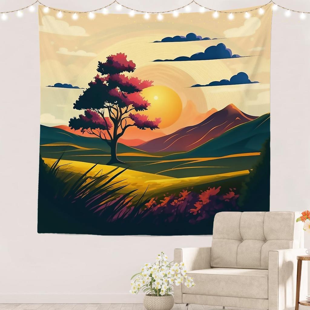 Aesthetic Sunset Landscape Tapestry Wall Hanging Bohemian Mural Art Home Decor Decoration for Living Room Bedroom Boho Style