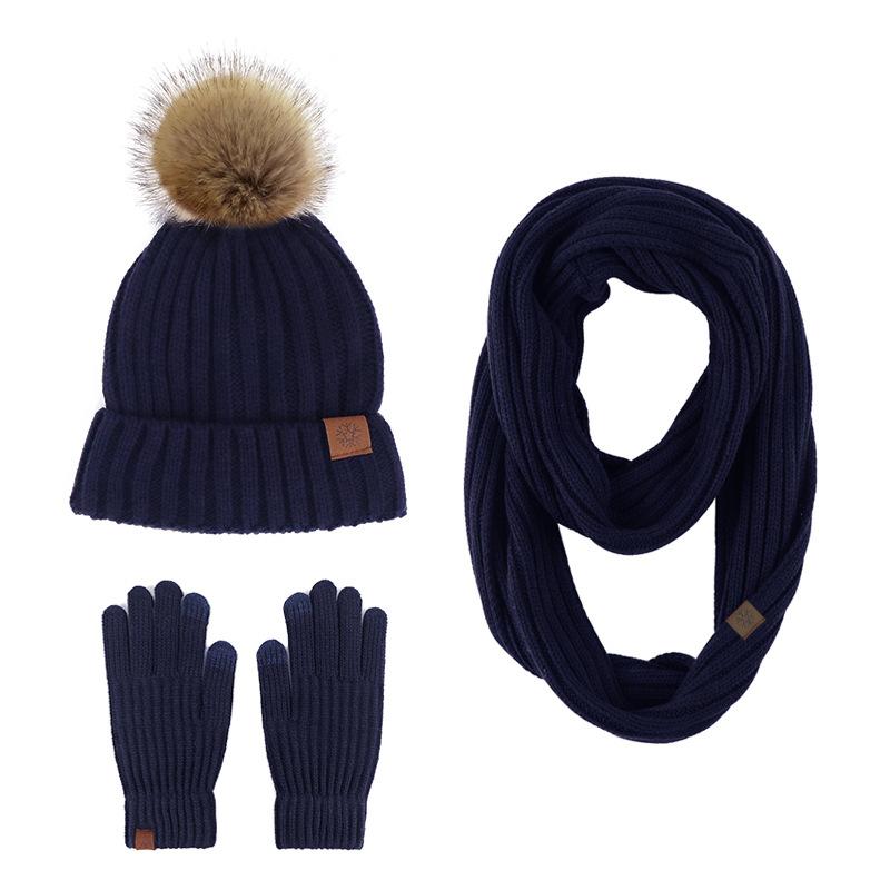 New product winter adult women's hairball knitted hat scarf gloves three-piece outdoor warm scarf set