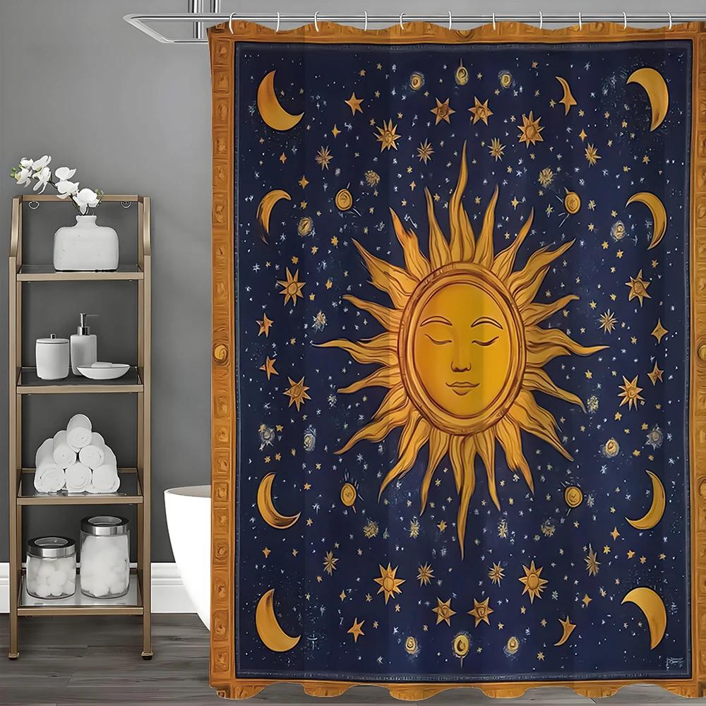 Sun God Moon Stars Shower Curtain, Bathroom Decorative Shower Curtain, Waterproof Shower Curtain with Hooks