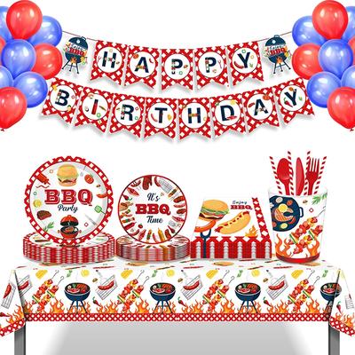 BBQ Theme Party Disposable Tableware Paper Plates Cups Balloons Set Birthday Decoration Beer Lobster Outdoor Barbecue Supplies