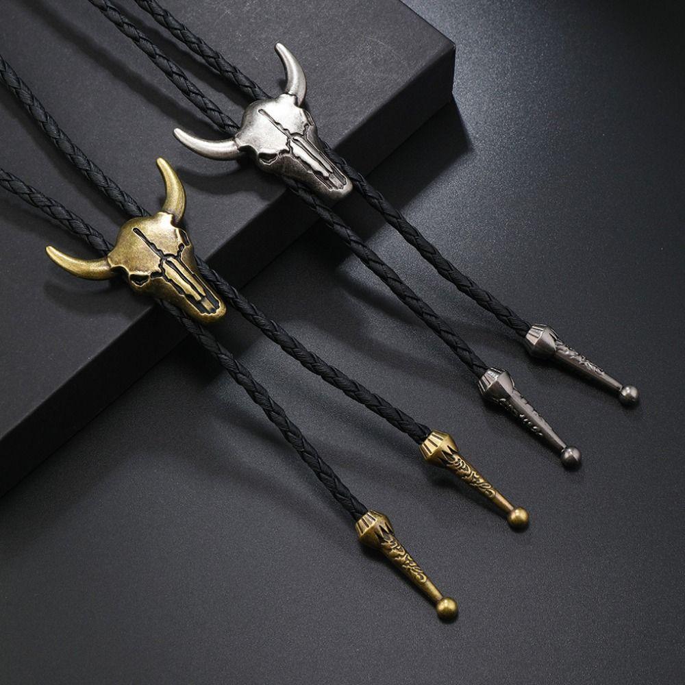 Copper Men Necklace Ethnic Style PU Leather Necklace Geometric Ox Head Pendant Necklace  Women