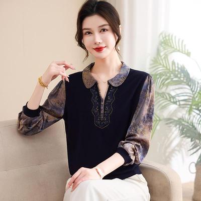 Spring Knit Lapel Long-sleeve Shirt for Middle-aged and Elderly Women