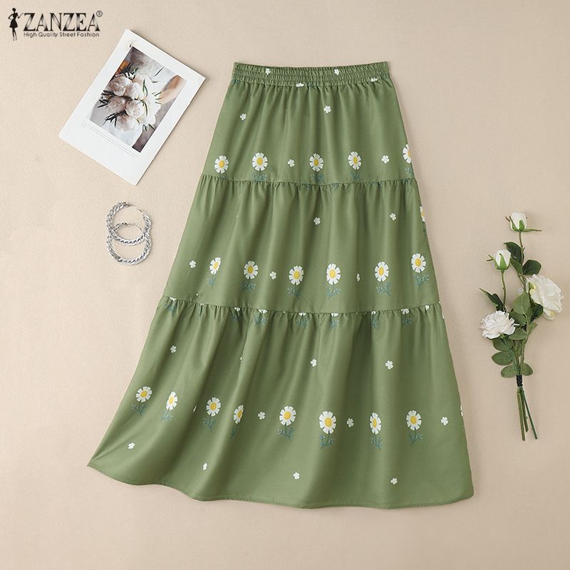 ZANZEA Women Casual Elastic Waist Loose Floral Print Skirts