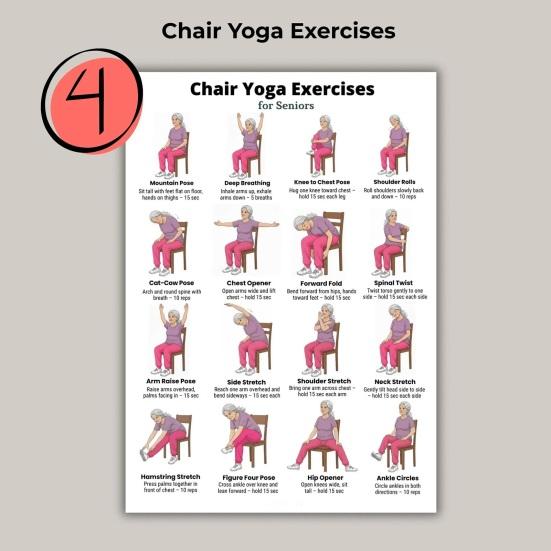 5Pcs Chair Balance Stretch Yoga Exercise Poster Set for Seniors Low-Impact Home Workout Plan for Elderly Anti-Fall & Mobility Guide Fitness Wall Art