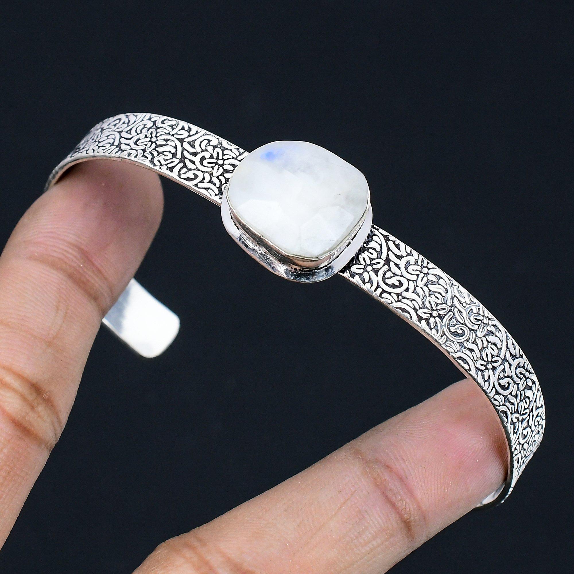 

925 Sterling Silver Crown Chakra Natural Rainbow Moonstone New Bangle Bracelet Adjustable