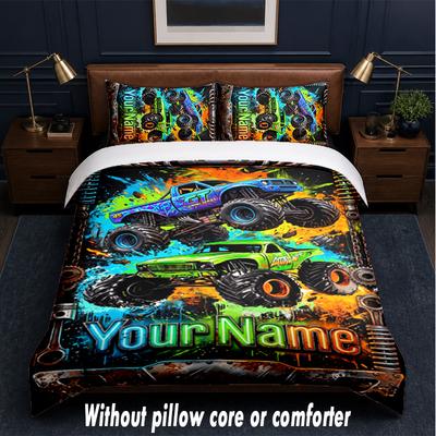Monster Truck Theme Custom Text Or Name 3Pcs Bedding Set,1 Flat Sheet & 2 Pillowcases Personalized Home Bedding