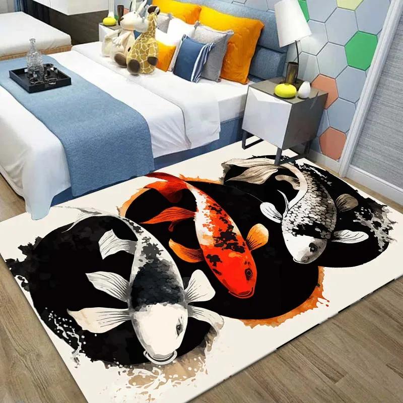 Chinesischer Koi Karpfen Tuschemalerei Glücksteppich Rosa Kirschblüten Teppich für Wohnzimmer Schlafzimmer Heimdeko Fußmatte Bodenmatten